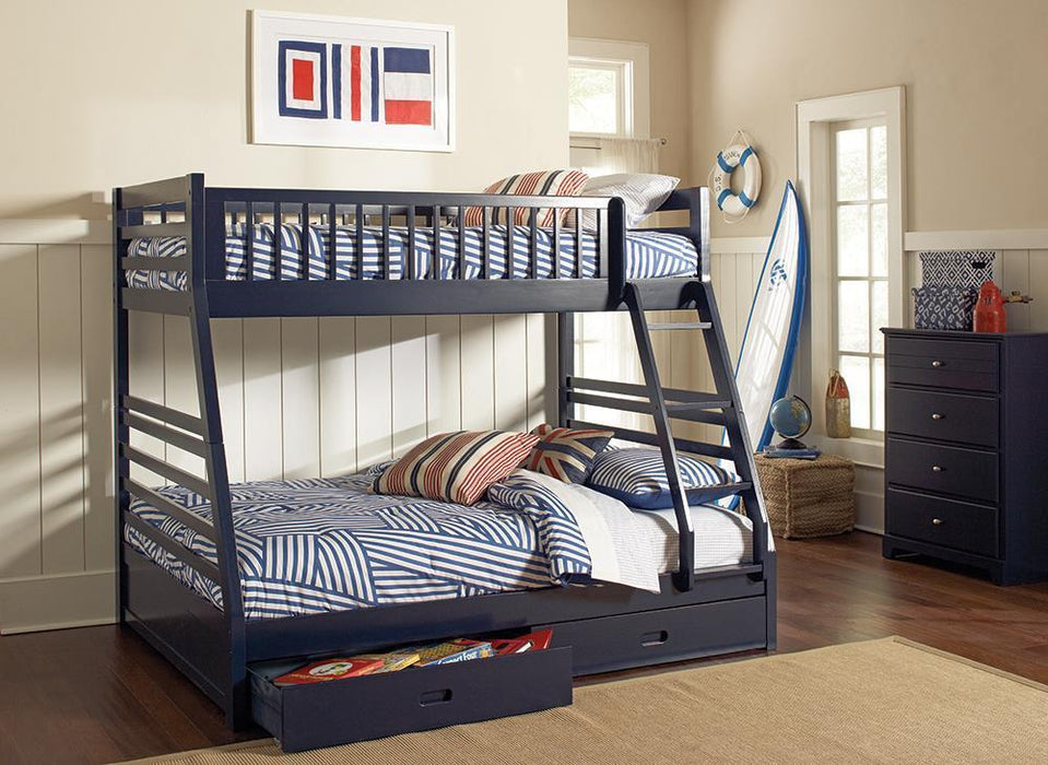 Ashton Twin Over Full 2-drawer Bunk Bed Cappuccino, White, Navy, Honey, & Brown - Hello Home Furniture & Mattress (Longmont, CO)