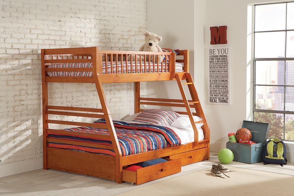 Ashton Twin Over Full 2-drawer Bunk Bed Cappuccino, White, Navy, Honey, & Brown - Hello Home Furniture & Mattress (Longmont, CO)