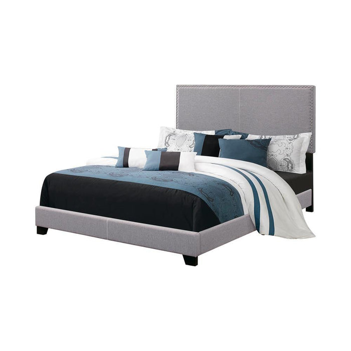 Boyd California King, King, & Queen Upholstered Bed with Nailhead Trim Charcoal & Grey - Hello Home Furniture & Mattress (Longmont, CO)