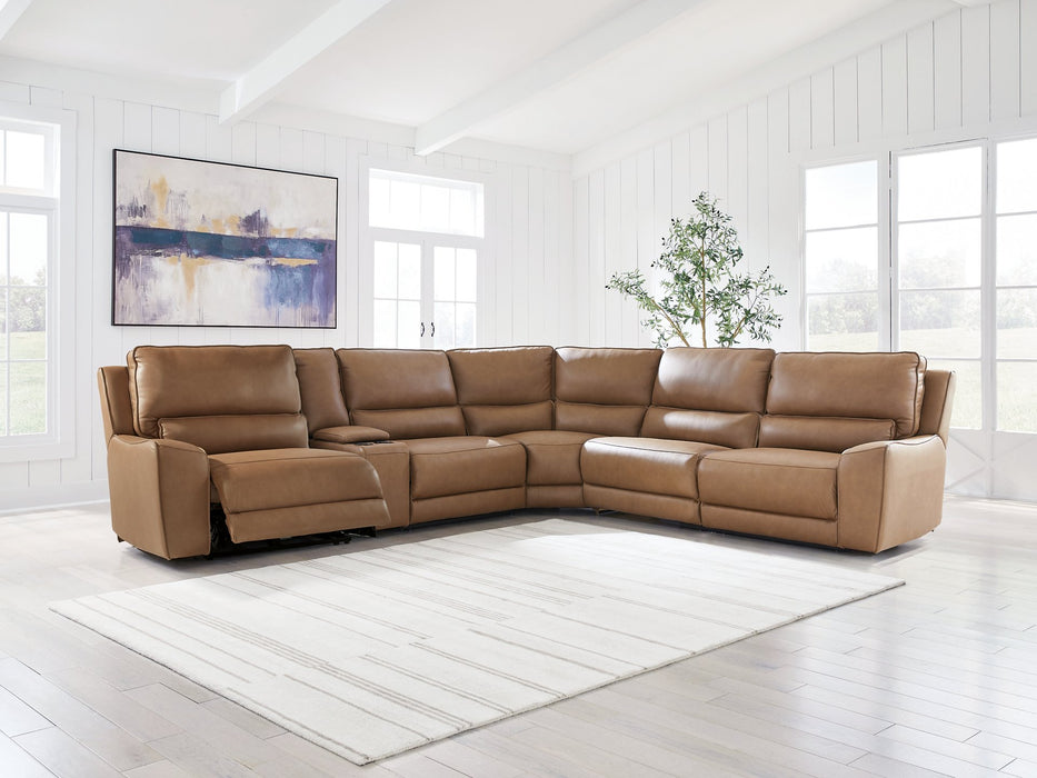 DeepWakes Reclining Sectional with Storage Console - Hello Home Furniture & Mattress (Longmont, CO)