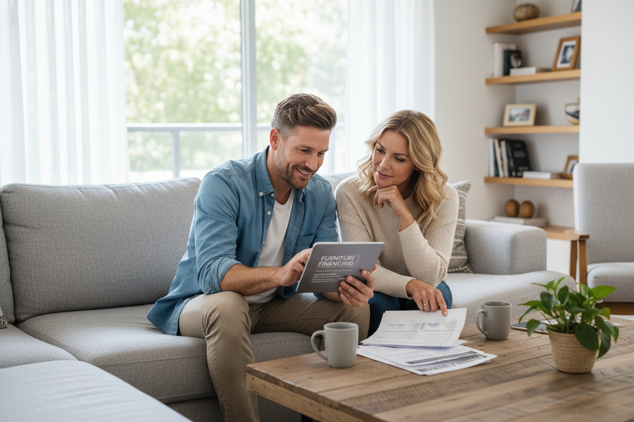 Couple on couch reading about furniture financing